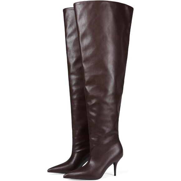 Women's Brown Faux Leather Wide Calf Thigh High Heeled Stiletto Cone Heel Boots - Picture 5 of 7